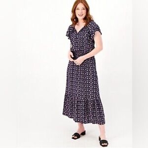 Destination 365 Blue Ruffled Maxi floral Sundress with Flutter Sleeves Large